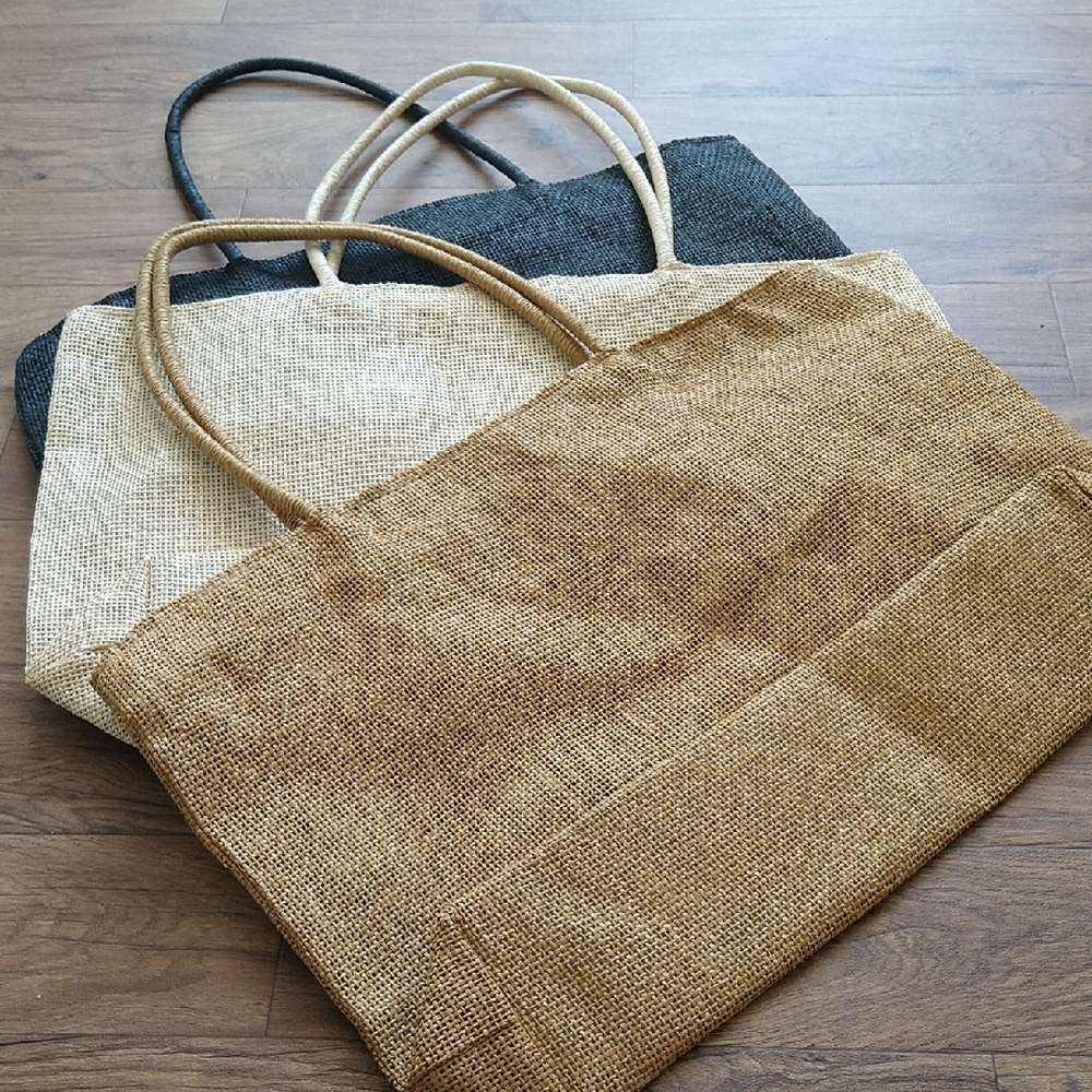 3 Stylish Jute Tote Bag Set - Black, Cream, and Brown